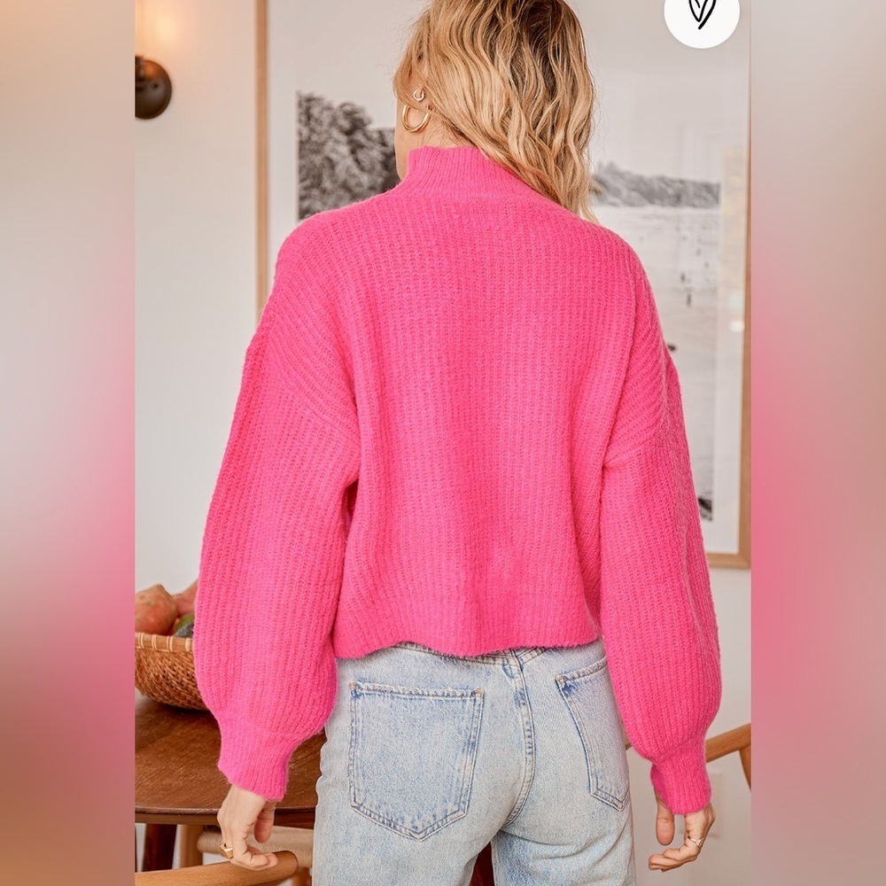 Lulu's Bright and Cheery Hot Pink Knit Mock Neck Balloon Sleeve Sweater Xs & L - Picture 2 of 2